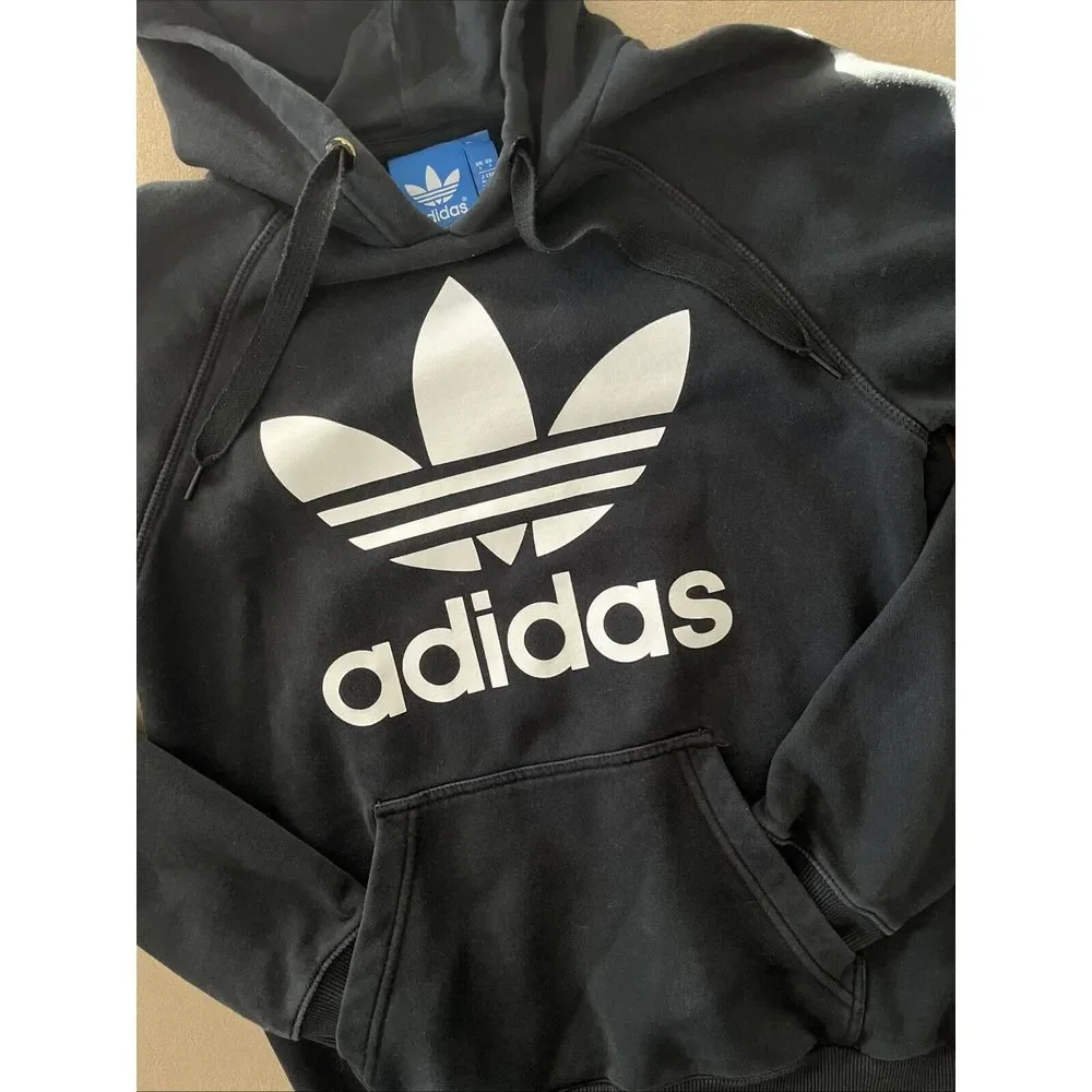 VTG Adidas Leaf Hoodie Pullover‎ Black Mens Sz S Hand Pockets Heavy Cotton Blend